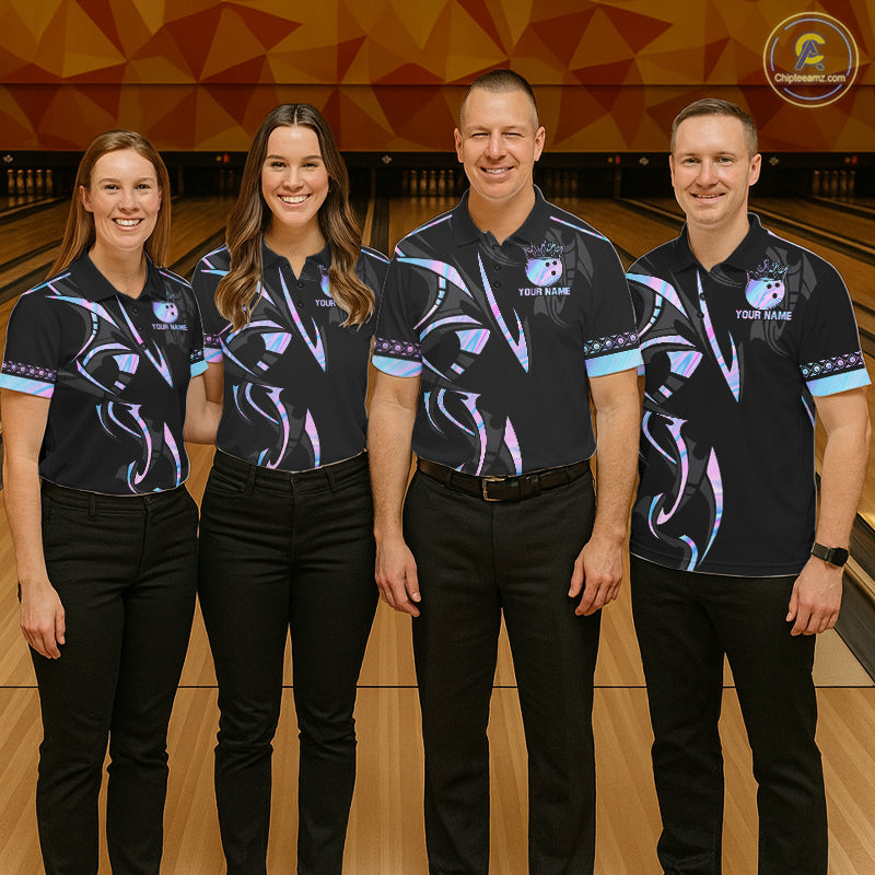 Custom Holographic Crown Bowling Ball Polo & Quarter Zip Shirt For Women, Bowling Team Jersey |Black TDM6196