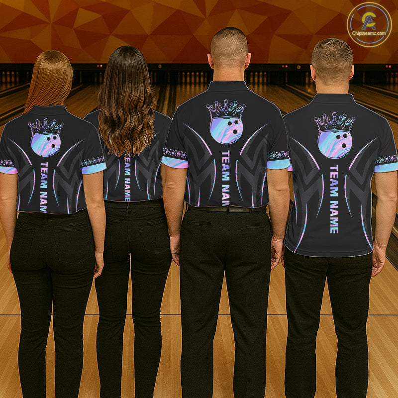 Custom Holographic Crown Bowling Ball Polo & Quarter Zip Shirt For Women, Bowling Team Jersey |Black TDM6196