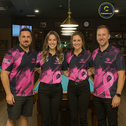 Pool Team Wearing Personalized Pink Ribbon 8 Ball Breast Cancer Awareness Billiard Jerseys During League Competition and Awareness Events, Front View