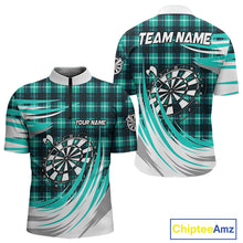 Load image into Gallery viewer, Personalized Turquoise Dartboard Plaid Mens Darts Shirt Custom Darts Jersey Team Polo &amp; 1/4 Zip TDM5328