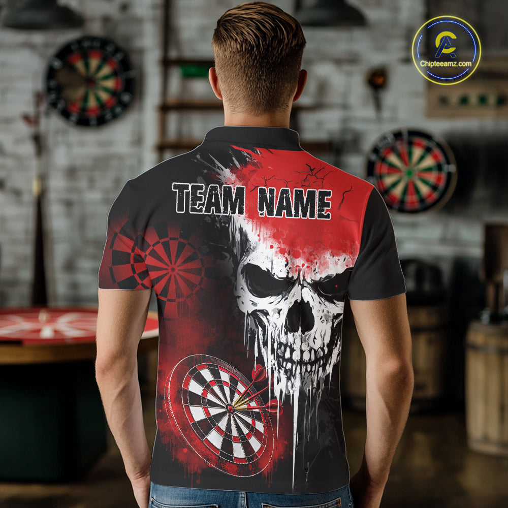 Personalized Red Grunge Skull Darts Shirt For Men Custom Darts Jersey Team Polo & Quarter Zip TDM6430
