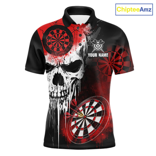 Personalized Red Grunge Skull Darts Shirt For Men Custom Darts Jersey Team Polo & Quarter Zip TDM6430