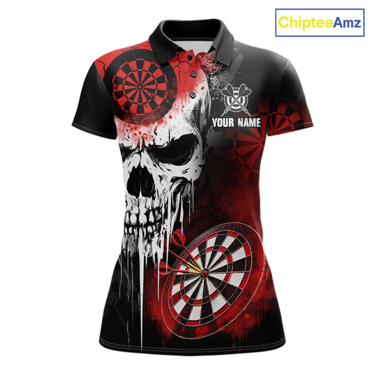 Personalized Red Grunge Skull Darts Shirt For Women Custom Darts Jersey Team Polo & Quarter Zip TDM6430