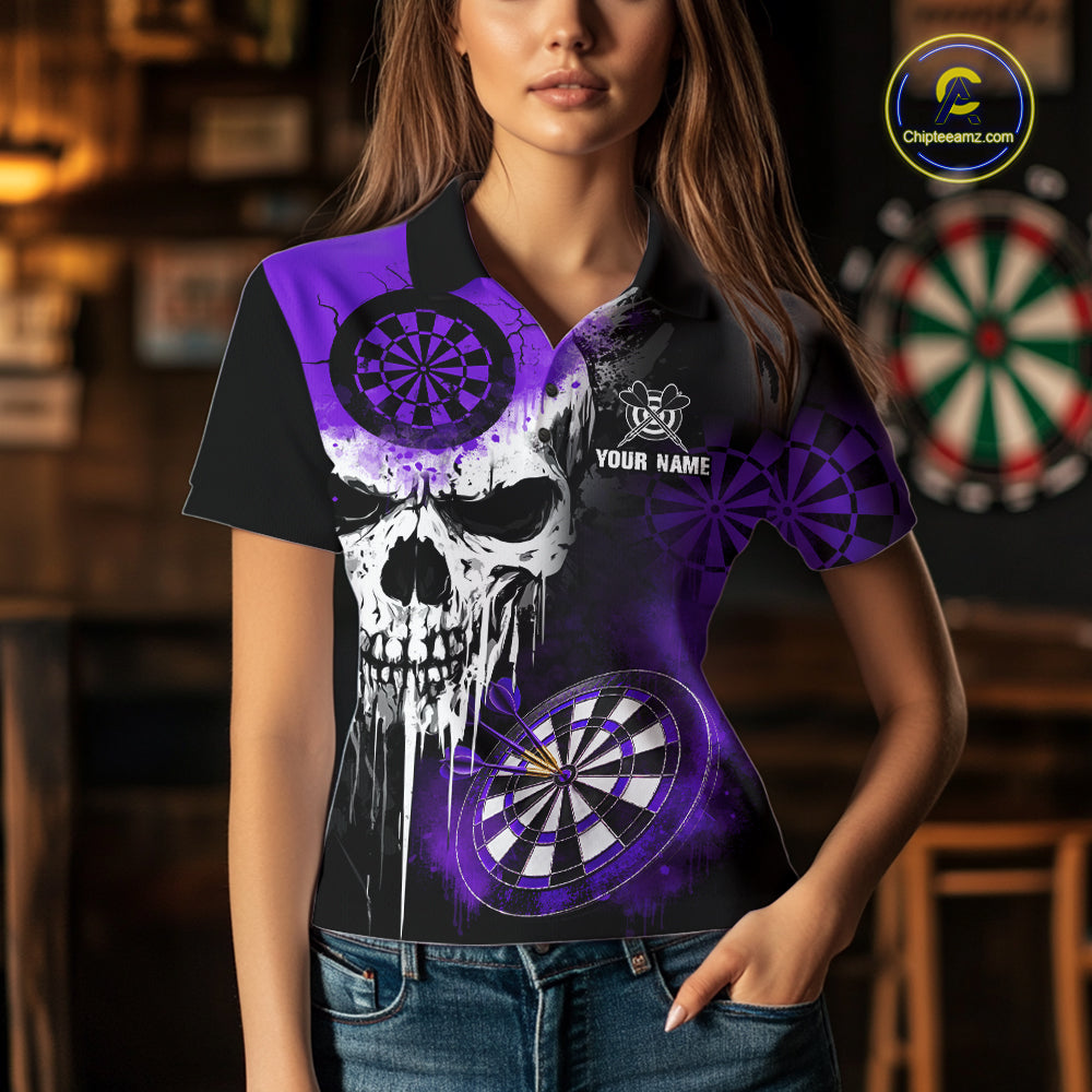 Personalized Purple Grunge Skull Darts Shirt For Women Custom Darts Jersey Team Polo & 1/4 Zip TDM6431