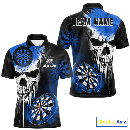 Personalized Blue Grunge Skull Darts Shirt For Men Custom Darts Jersey Team Polo & 1/4 Zip TDM6432