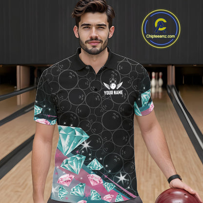 Man wearing a pink and turquoise diamond bowling polo shirt in a bowling alley, featuring customizable player name and team name text.