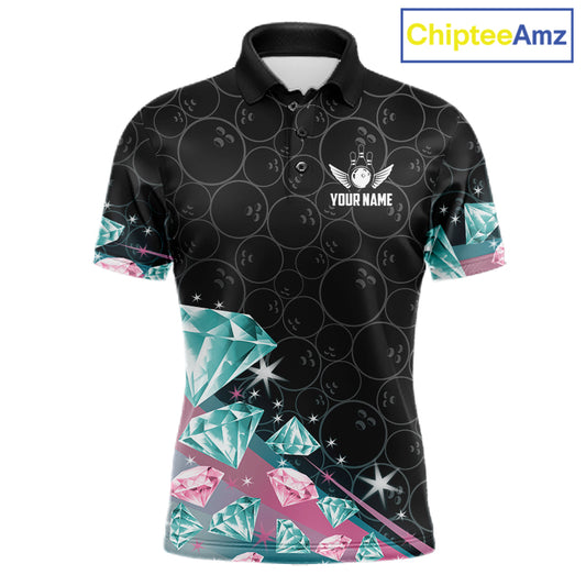 Men's bowling polo shirt with pink and turquoise diamond graphics, featuring customizable player name and team name text.