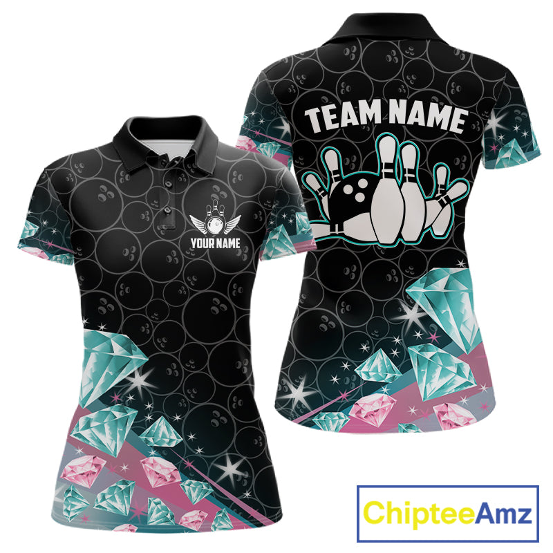 Women's bowling polo shirt with pink and turquoise diamond graphics, featuring customizable player name and team name text.