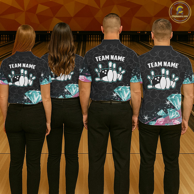Funny Pink And Turquoise Diamonds Bowling Shirt For Women, Custom Bowling Team Jersey Polo & 1/4 Zip TDM6627