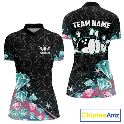 Women's bowling quarter zip shirt with pink and turquoise diamond graphics, featuring customizable player name and team name text.