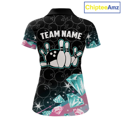 Women's bowling polo shirt with pink and turquoise diamond graphics, featuring customizable player name and team name text.