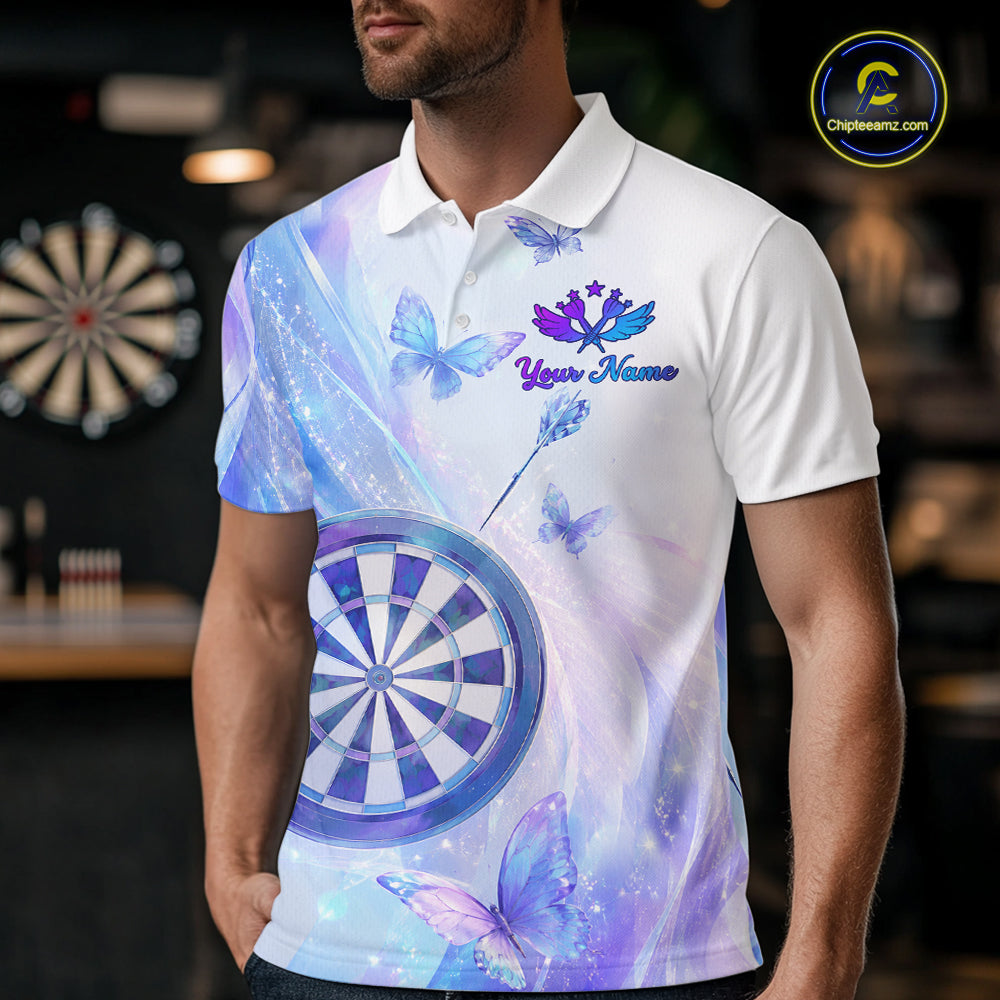 Man wearing a white polo shirt with a colorful design of butterflies and a dartboard, with 'Your Name' text.