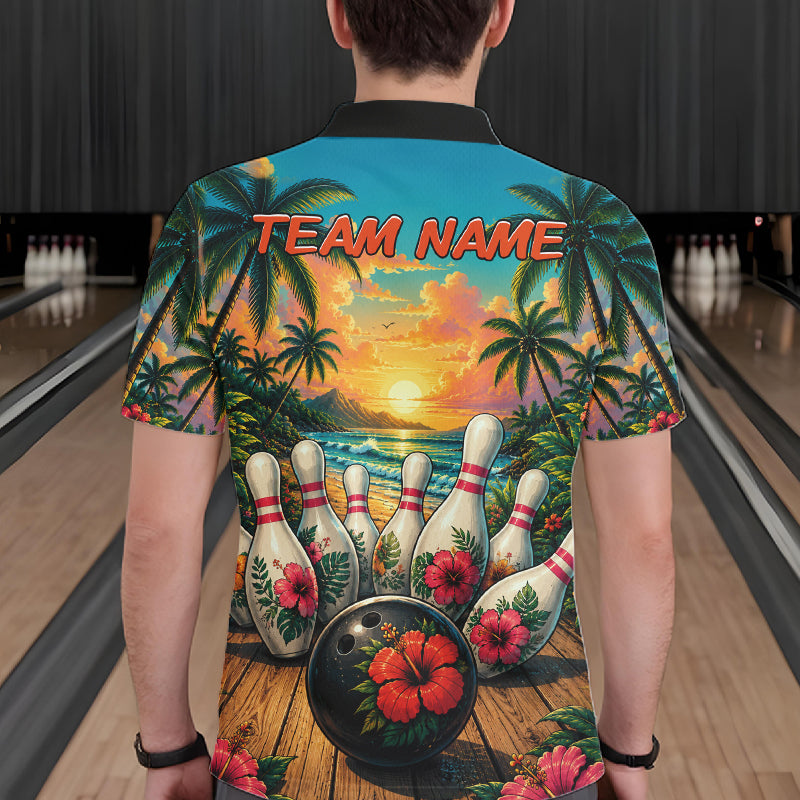 Personalized Hibiscus Summer Bowling Jersey, Ocean Scene Bowling Shirts Polo & Quarter Zip For Men TDM6635