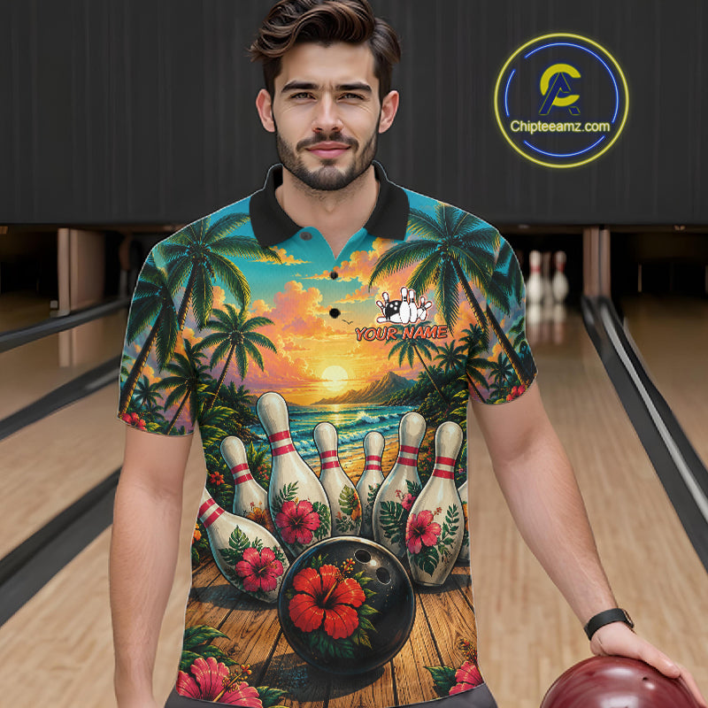 Man wearing a tropical hibiscus ocean scene bowling polo shirt in a bowling alley, featuring customizable player name and team name text.