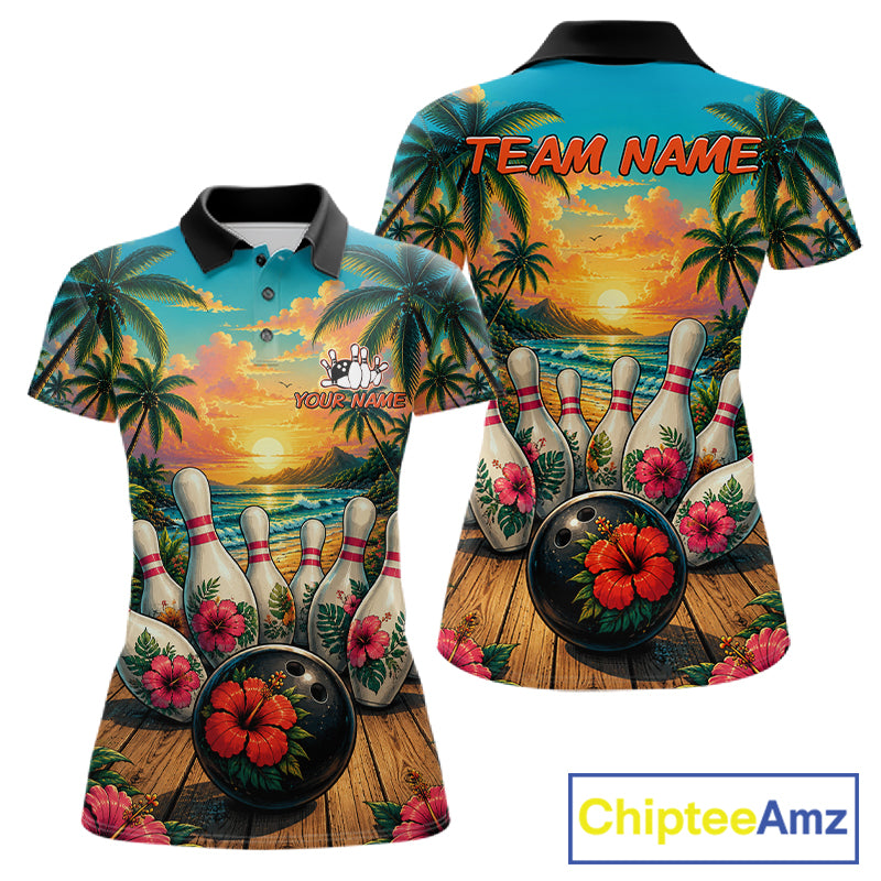 Women' bowling polo shirt featuring a tropical hibiscus and ocean scene design, with customizable player name and team name text.