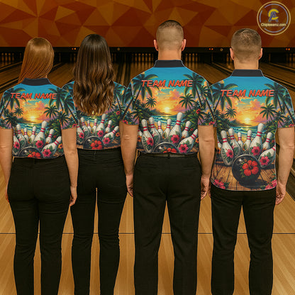 Personalized Hibiscus Summer Bowling Jersey, Ocean Scene Bowling Shirts Polo & Quarter Zip For Women TDM6635