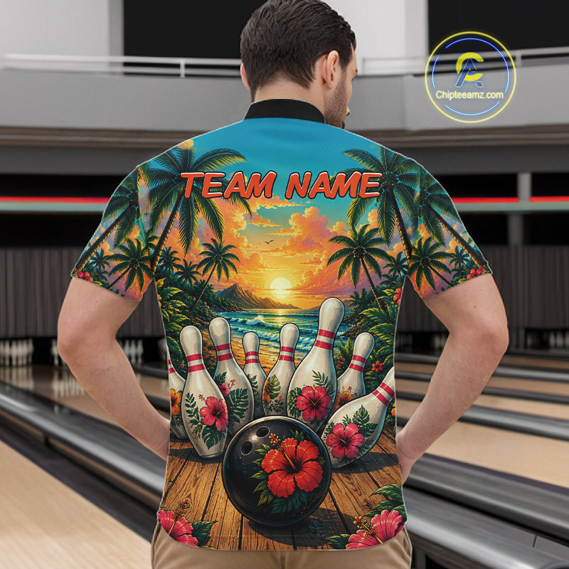 Personalized Hibiscus Summer Bowling Jersey, Ocean Scene Bowling Shirts Polo & Quarter Zip For Men TDM6635