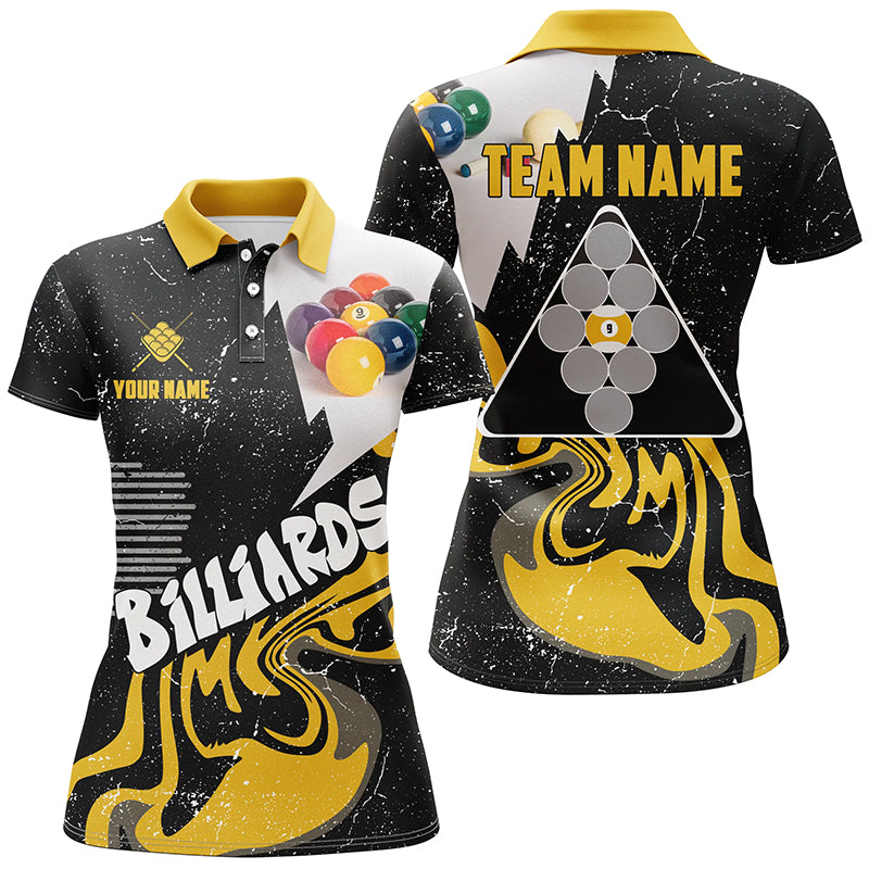 Personalized 9 Ball Billiard Shirts For Women Custom Grunge Yellow Black 9 Ball Pool Jerseys TDM1922