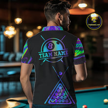Load image into Gallery viewer, Back view of man wearing a neon purple blue 8 ball tie dye 8 ball pool jersey.
