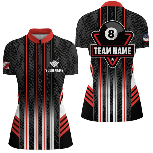 Personalized Red 8 Ball Pool Billiard Jerseys For Women, Billiard League Team Polo & 1/4 Zip Shirts TDM2862