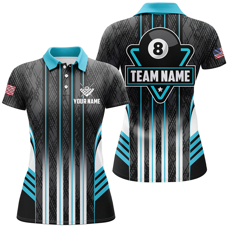 Personalized Blue 8 Ball Pool Billiard Jerseys For Women, Billiard League Team Polo & 1/4 Zip Shirts TDM2863