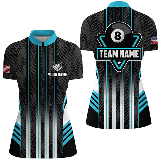 Personalized Blue 8 Ball Pool Billiard Jerseys For Women, Billiard League Team Polo & 1/4 Zip Shirts TDM2863
