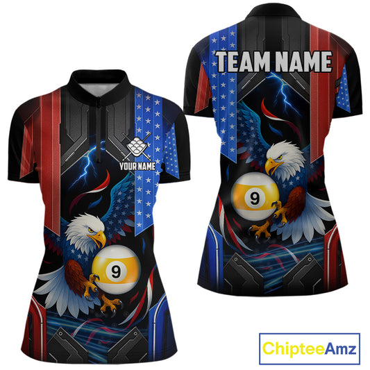 American Flag Eagle 9 Ball Billiard Polo & 1/4 Zip For Women Custom Billiard Jersey, Pool Team Shirt TDM5113