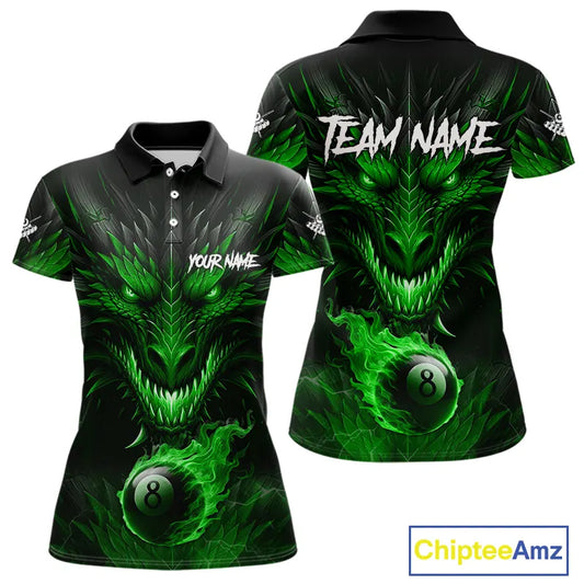 Personalized Dragon 8 Ball Fire Flame 3D Billiard Shirt For Women, Billiard League Team Jersey|Green TDM5594