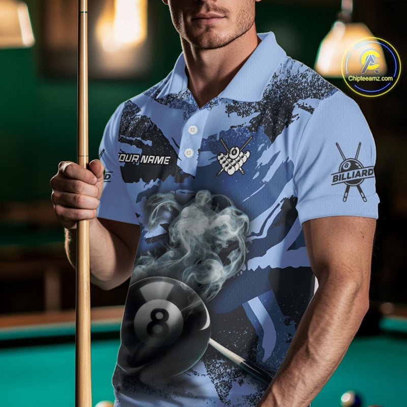 Personalized 8 Ball Pool Smoke Custom Blue Camo Men Polo Shirts, Billiard Snooker Outfits TDM1014