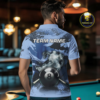 Personalized 8 Ball Pool Smoke Custom Blue Camo Men Polo Shirts, Billiard Snooker Outfits TDM1014