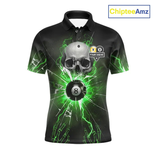 Green 8 & 9 Ball Skull Billiard Shirt For Men Custom Glass Break Pool Team Jersey Polo & 1/4 Zip TDM5972