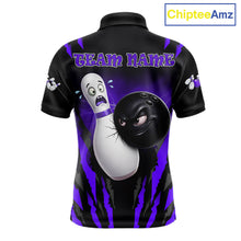 Load image into Gallery viewer, Funny Bowling Ball Custom Black And Purple Men’s Bowling Shirt, Bowling Team Jersey Polo &amp; 1/4 Zip TDM6212