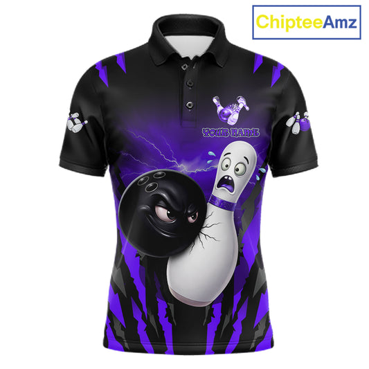Funny Bowling Ball Custom Black And Purple Men’s Bowling Shirt, Bowling Team Jersey Polo & 1/4 Zip TDM6212