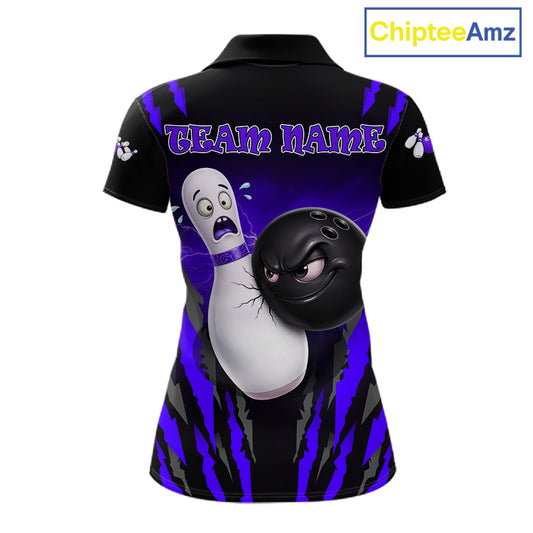 Funny Bowling Ball Custom Black And Purple Women's Bowling Shirt, Bowling Team Jersey Polo & 1/4 Zip TDM6212