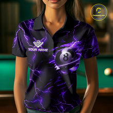Load image into Gallery viewer, Woman wearing a purple thunder lightning billiard jersey beside a pool table front view.