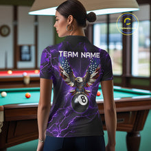 Load image into Gallery viewer, Back view of woman wearing a purple thunder lightning pool team shirt in a billiards hall.