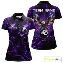 Load image into Gallery viewer, Women’s purple thunder lightning billiard polo shirt with American flag artwork for pool league players.