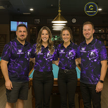 Load image into Gallery viewer, Pool team wearing matching purple thunder billiard jerseys during league play front view.