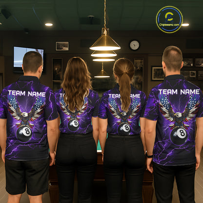 Back view of pool players wearing custom purple thunder billiard shirts in a game room.