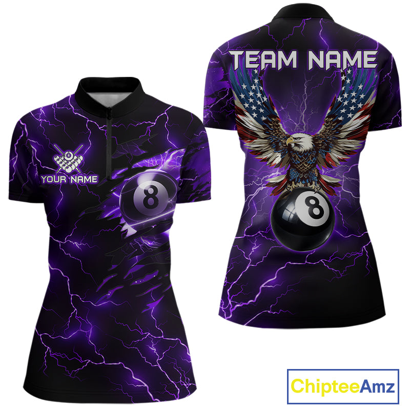 Women’s purple thunder lightning billiard quarter zip shirt for tournaments and team matches.