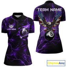 Load image into Gallery viewer, Women’s purple thunder lightning billiard quarter zip shirt for tournaments and team matches.