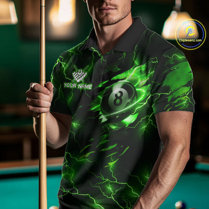 Man wearing a green thunder lightning billiard jersey beside a pool table front view.