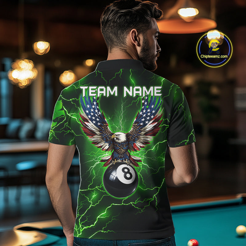 Back view of man wearing a green thunder lightning pool team shirt in a billiards hall.