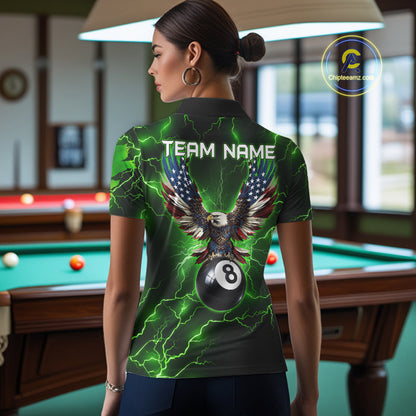 Back view of woman wearing a green thunder lightning pool team shirt in a billiards hall.