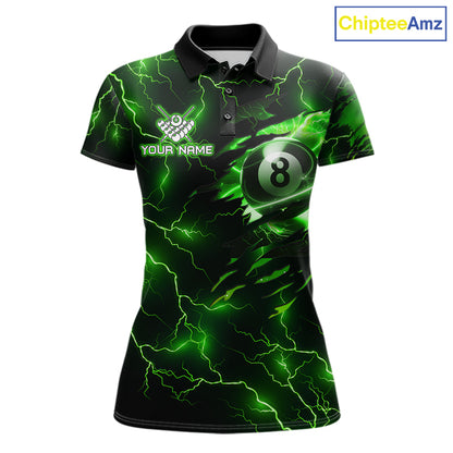 Custom green thunder lightning pool jersey for women designed for tournaments and league matches.