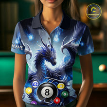 Load image into Gallery viewer, Woman wearing a blue flame smoke eagle skull billiard jersey beside a pool table front view.