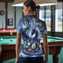 Load image into Gallery viewer, Back view of woman wearing a blue flame smoke pool team shirt in a billiards hall.
