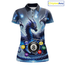 Load image into Gallery viewer, Women’s blue flame smoke eagle skull billiard polo shirt with bold American flag graphics.