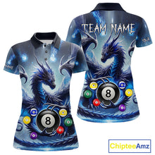 Load image into Gallery viewer, Custom blue flame smoke pool jersey for women with eagle skull artwork and league style.