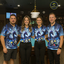 Load image into Gallery viewer, Pool team wearing matching blue dragon billiard jerseys together during tournament play front view.